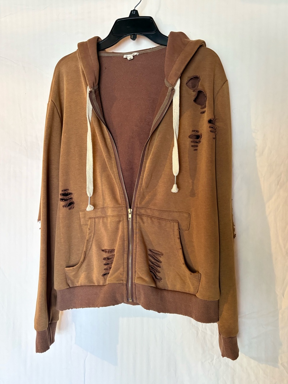 POL - Oversized Distressed Brown Zip-Up Hoodie Jacket - Women's